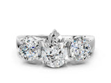 White gold Three-Stone Pear Cut Diamond Ring with Round Side Stones, Classic Band, and Four-Prong Setting_7