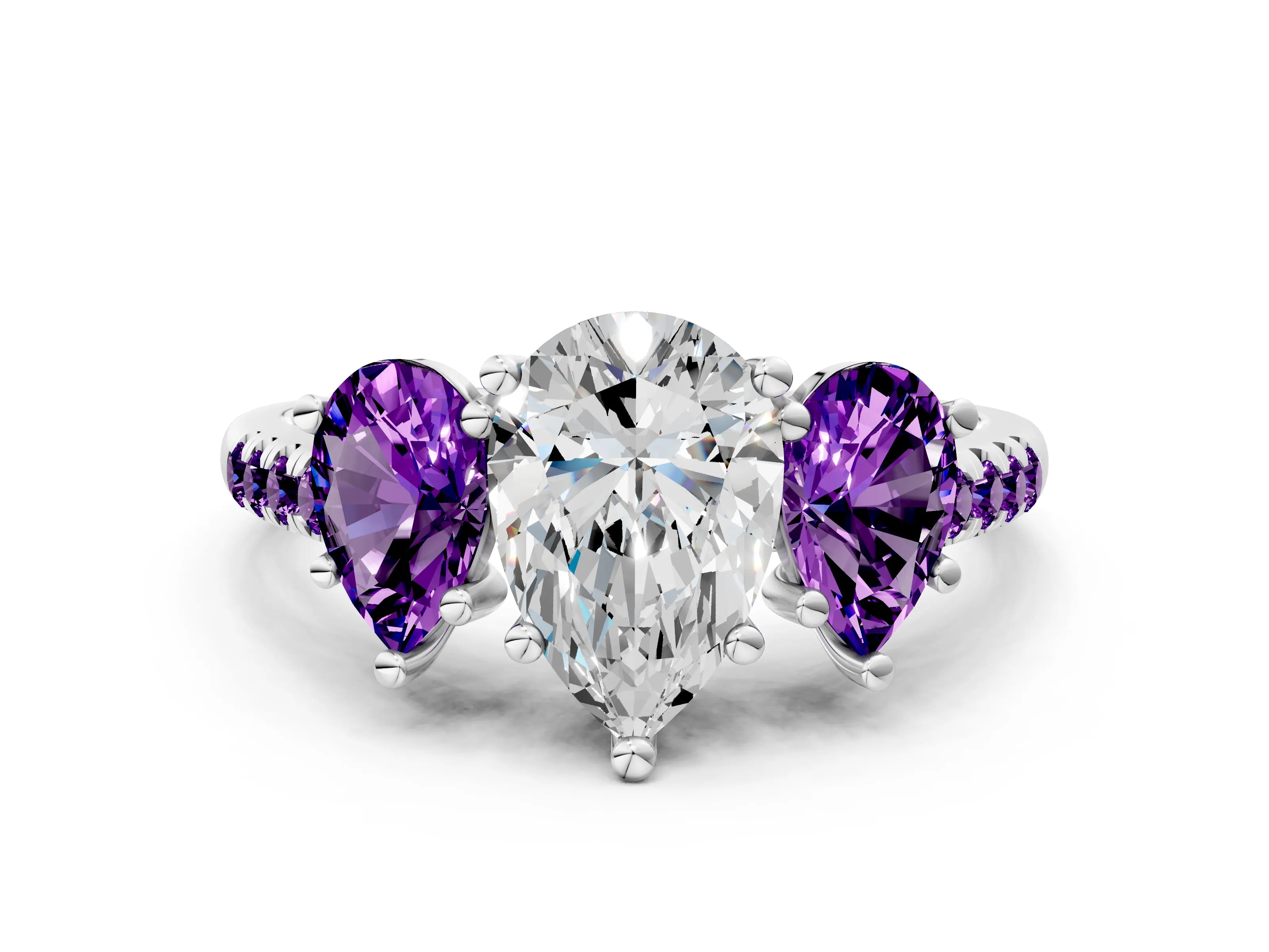 White gold Three-Stone Pear Cut Diamond Ring with Round with Amethyst side stone Pavé Band and Prong Setting