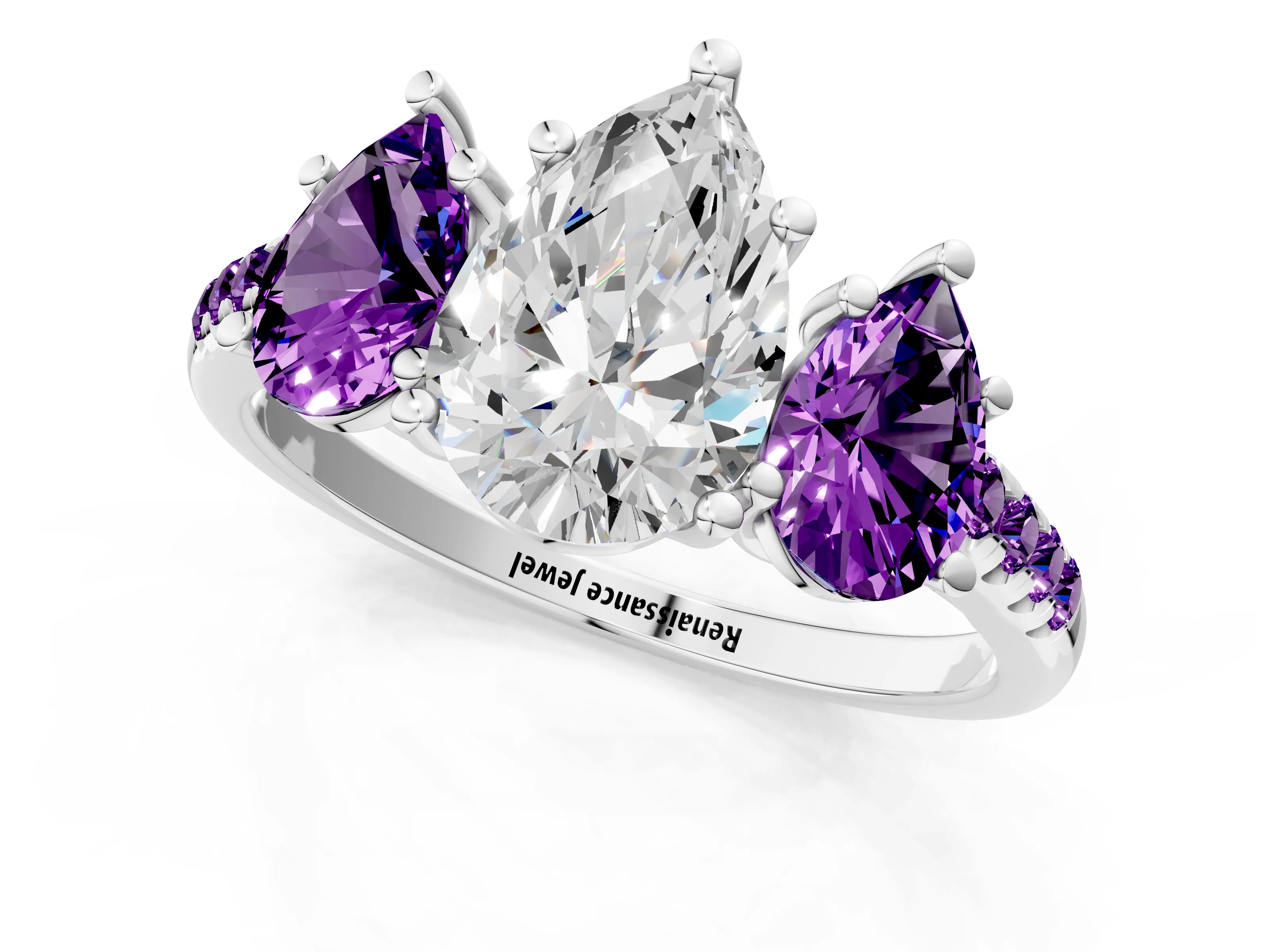 White gold Three-Stone Pear Cut Diamond Ring with Round with Amethyst side stone Pavé Band and Prong Setting_1