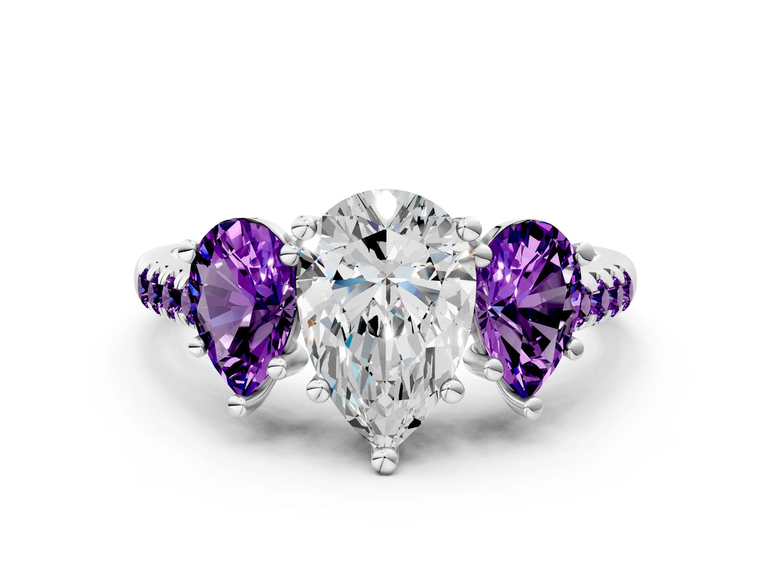 White gold Three-Stone Pear Cut Diamond Ring with Round with Amethyst side stone Pavé Band and Prong Setting_12