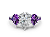 White gold Three-Stone Pear Cut Diamond Ring with Round with Amethyst side stone Pavé Band and Prong Setting_12