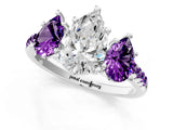 White gold Three-Stone Pear Cut Diamond Ring with Round with Amethyst side stone Pavé Band and Prong Setting_13