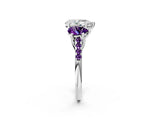 White gold Three-Stone Pear Cut Diamond Ring with Round with Amethyst side stone Pavé Band and Prong Setting_14