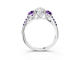 White gold Three-Stone Pear Cut Diamond Ring with Round with Amethyst side stone Pavé Band and Prong Setting_15