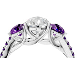 White gold Three-Stone Pear Cut Diamond Ring with Round with Amethyst side stone Pavé Band and Prong Setting_16