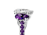 White gold Three-Stone Pear Cut Diamond Ring with Round with Amethyst side stone Pavé Band and Prong Setting_17