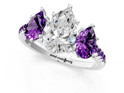 White gold Three-Stone Pear Cut Diamond Ring with Round with Amethyst side stone Pavé Band and Prong Setting_1
