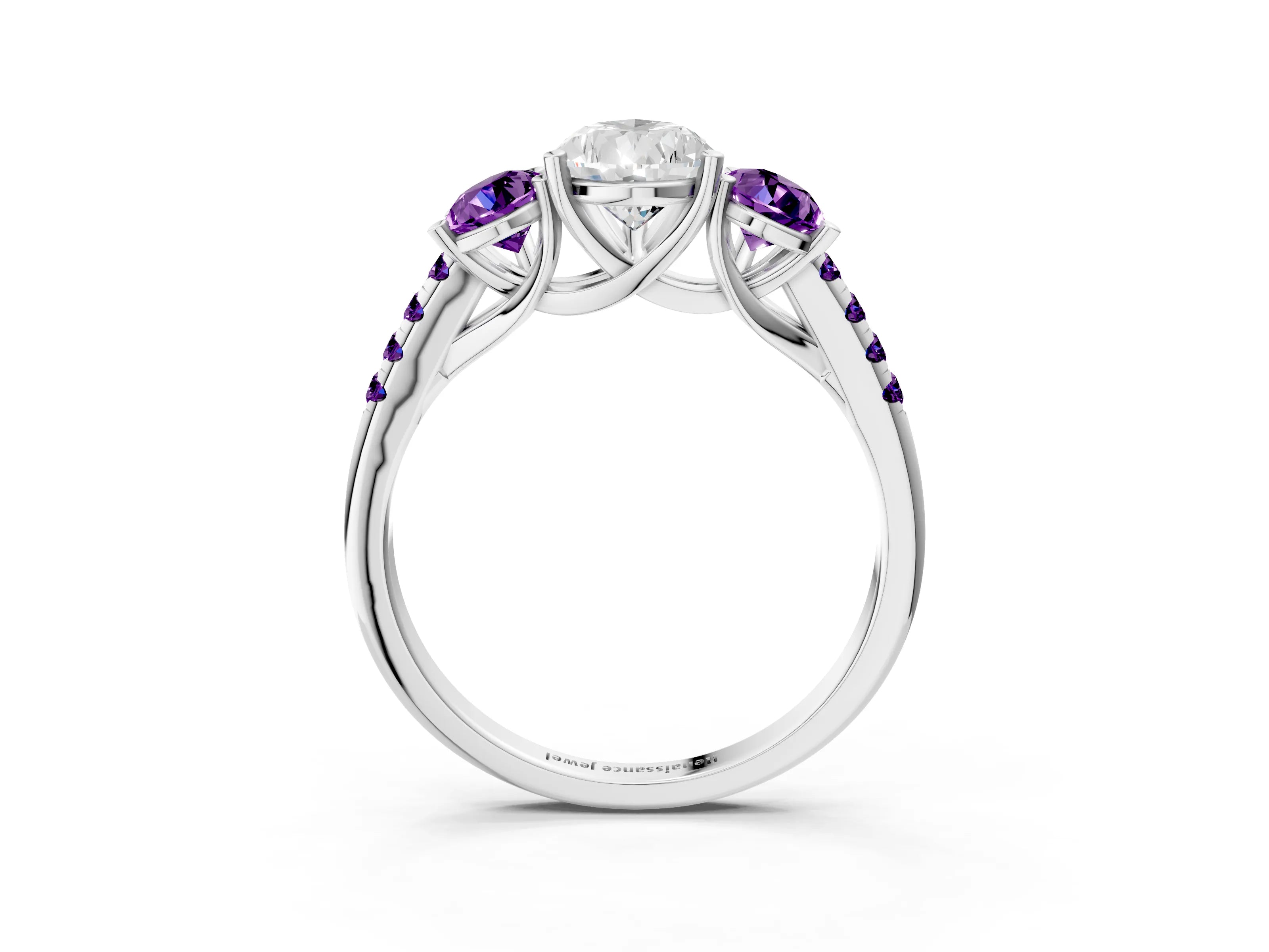 White gold Three-Stone Pear Cut Diamond Ring with Round with Amethyst side stone Pavé Band and Prong Setting_3