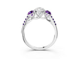 White gold Three-Stone Pear Cut Diamond Ring with Round with Amethyst side stone Pavé Band and Prong Setting_3