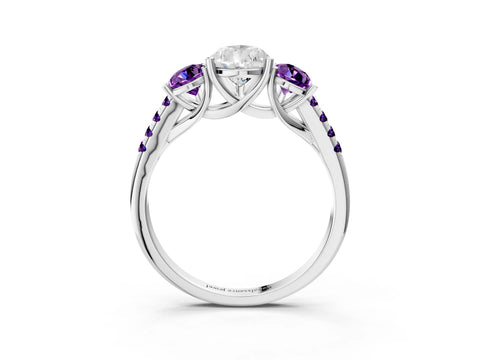 White gold Three-Stone Pear Cut Diamond Ring with Round with Amethyst side stone Pavé Band and Prong Setting_3