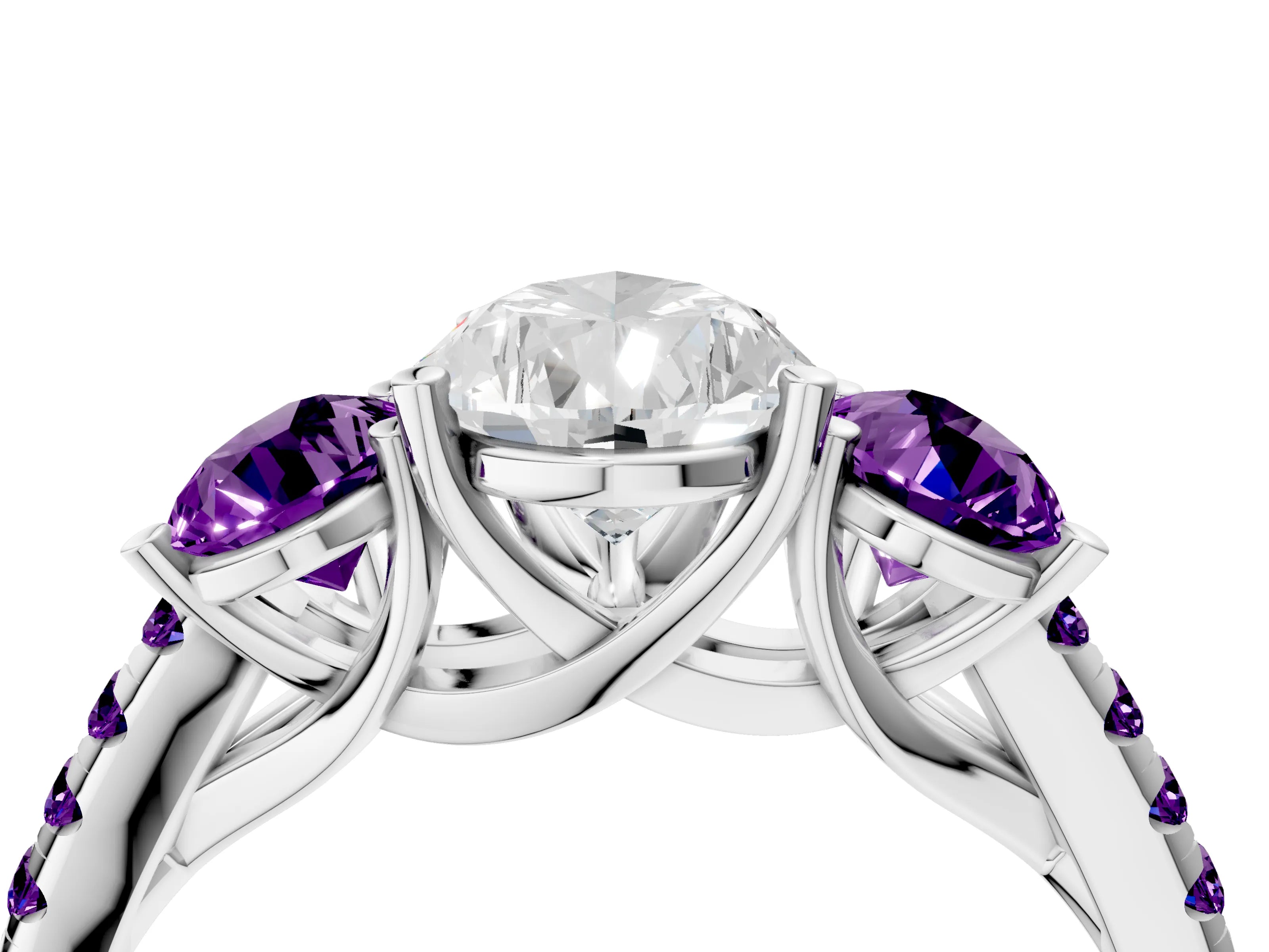 White gold Three-Stone Pear Cut Diamond Ring with Round with Amethyst side stone Pavé Band and Prong Setting_4