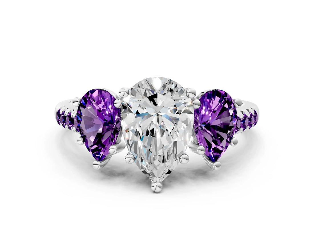 White gold Three-Stone Pear Cut Diamond Ring with Round with Amethyst side stone Pavé Band and Prong Setting