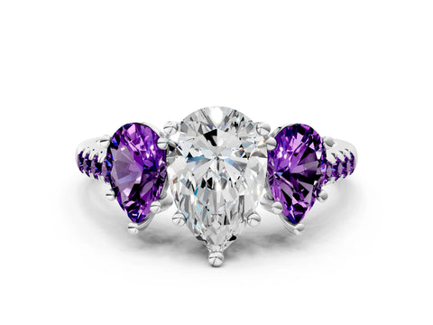 White gold Three-Stone Pear Cut Diamond Ring with Round with Amethyst side stone Pavé Band and Prong Setting