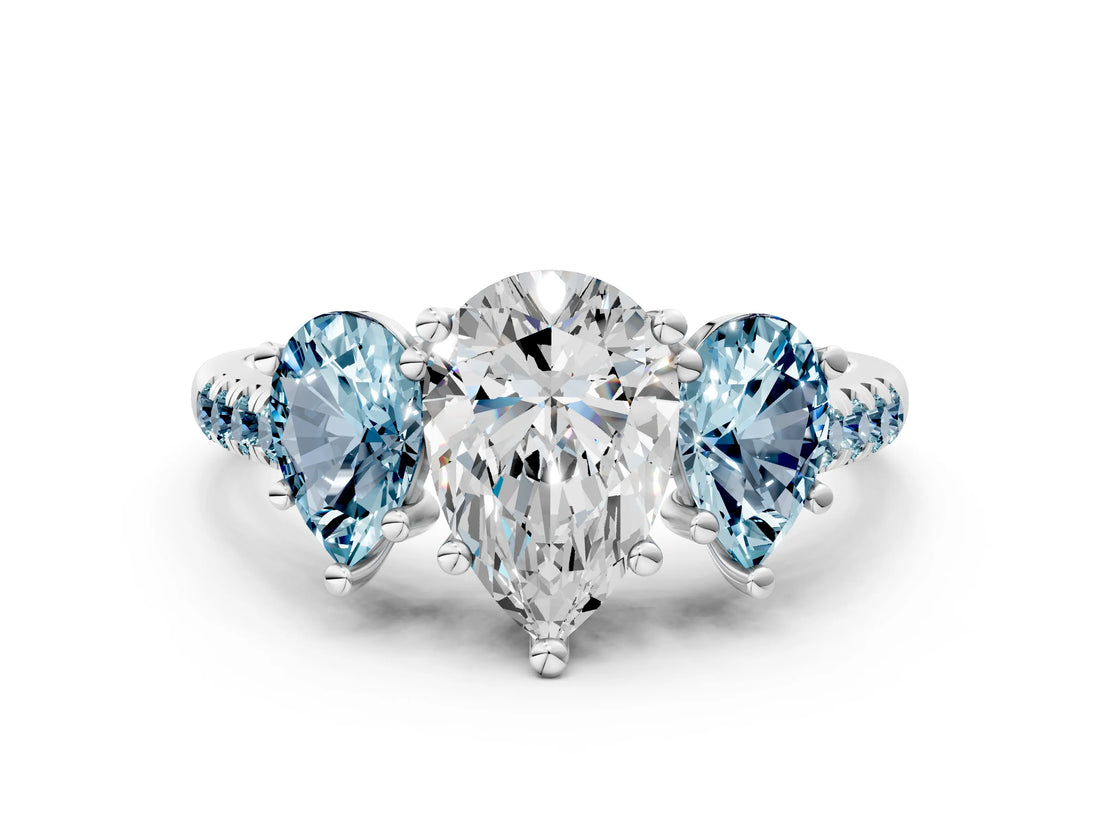 White gold Three-Stone Pear Cut Diamond Ring with Round with Aquamarine side stone Pavé Band and Prong Setting_12