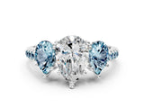 White gold Three-Stone Pear Cut Diamond Ring with Round with Aquamarine side stone Pavé Band and Prong Setting_12