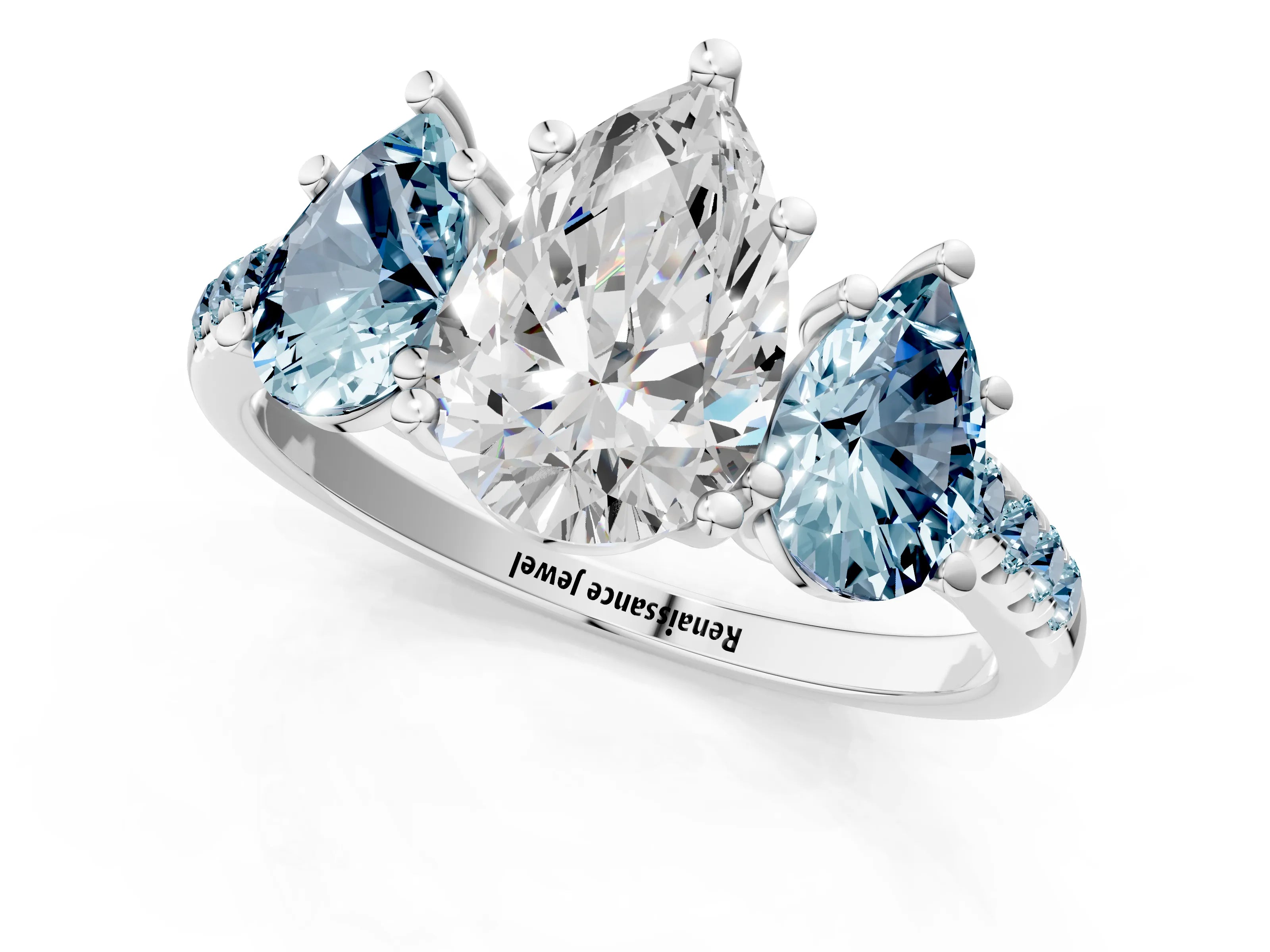 White gold Three-Stone Pear Cut Diamond Ring with Round with Aquamarine side stone Pavé Band and Prong Setting_1