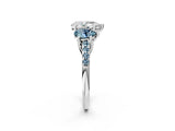 White gold Three-Stone Pear Cut Diamond Ring with Round with Aquamarine side stone Pavé Band and Prong Setting_2