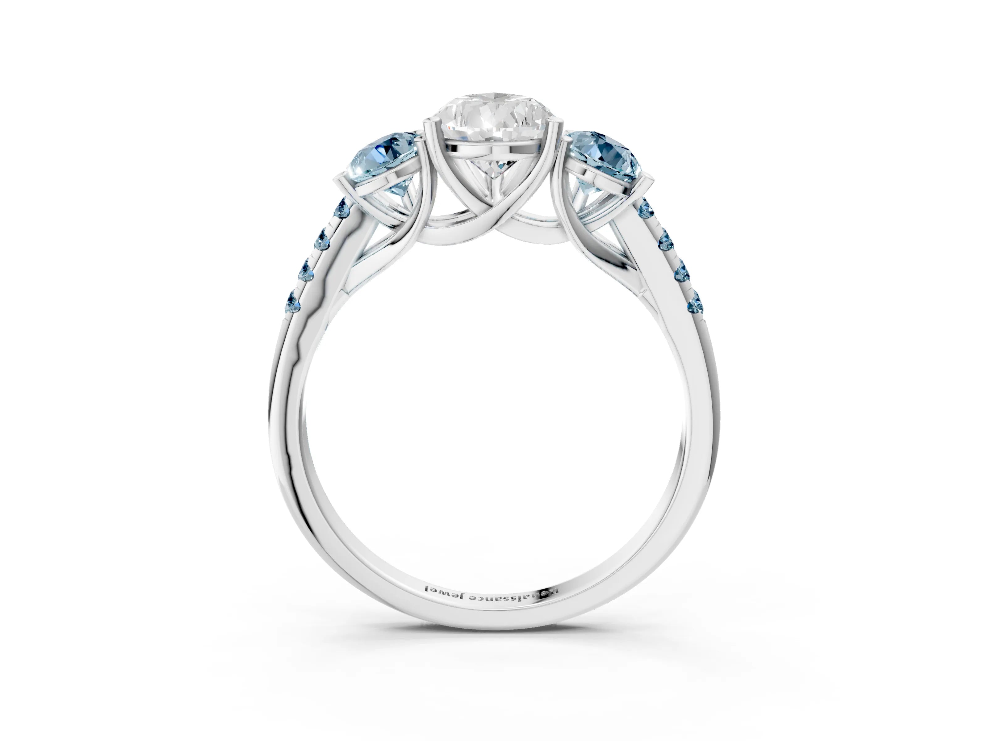 White gold Three-Stone Pear Cut Diamond Ring with Round with Aquamarine side stone Pavé Band and Prong Setting_3