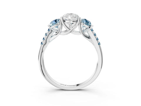 White gold Three-Stone Pear Cut Diamond Ring with Round with Aquamarine side stone Pavé Band and Prong Setting_3