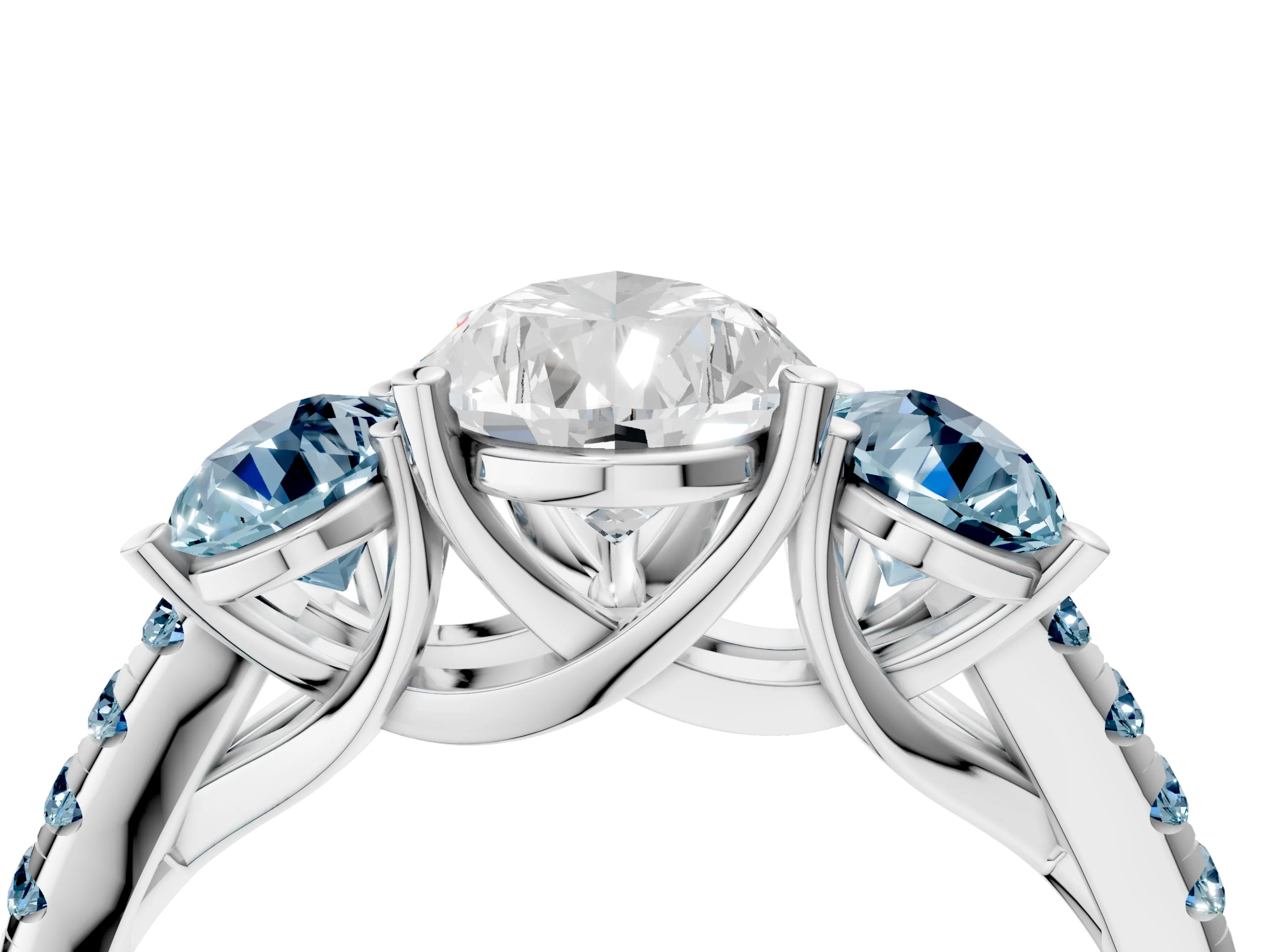 White gold Three-Stone Pear Cut Diamond Ring with Round with Aquamarine side stone Pavé Band and Prong Setting_4
