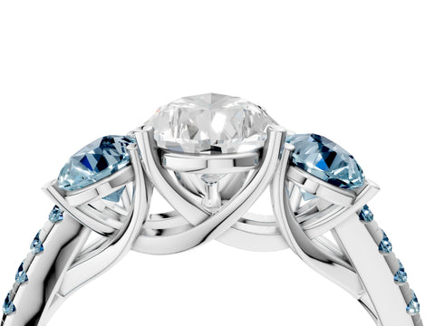 White gold Three-Stone Pear Cut Diamond Ring with Round with Aquamarine side stone Pavé Band and Prong Setting_4