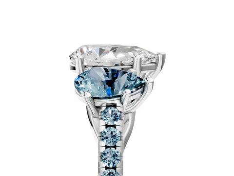 White gold Three-Stone Pear Cut Diamond Ring with Round with Aquamarine side stone Pavé Band and Prong Setting_5