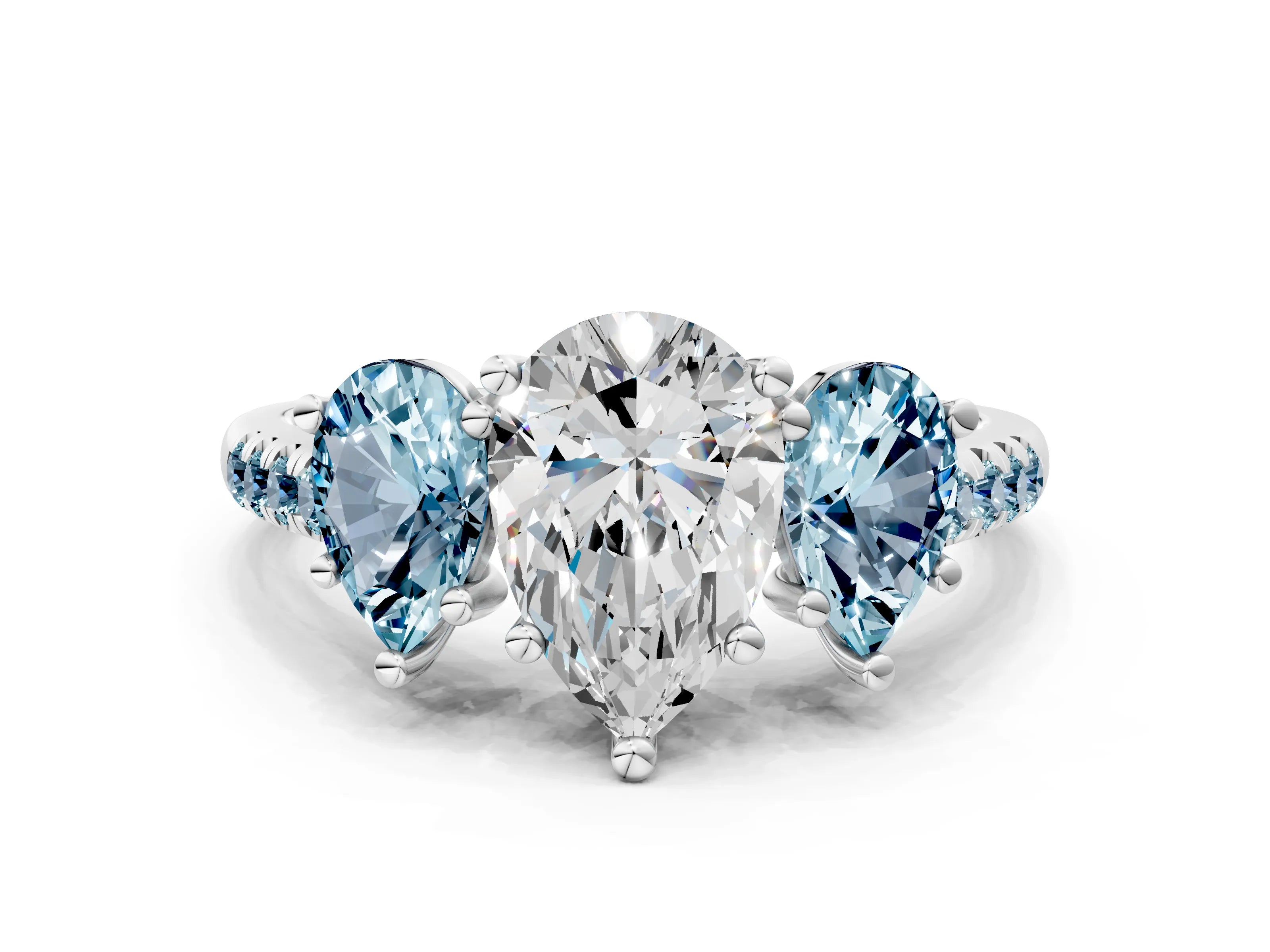 White gold Three-Stone Pear Cut Diamond Ring with Round with Aquamarine side stone Pavé Band and Prong Setting