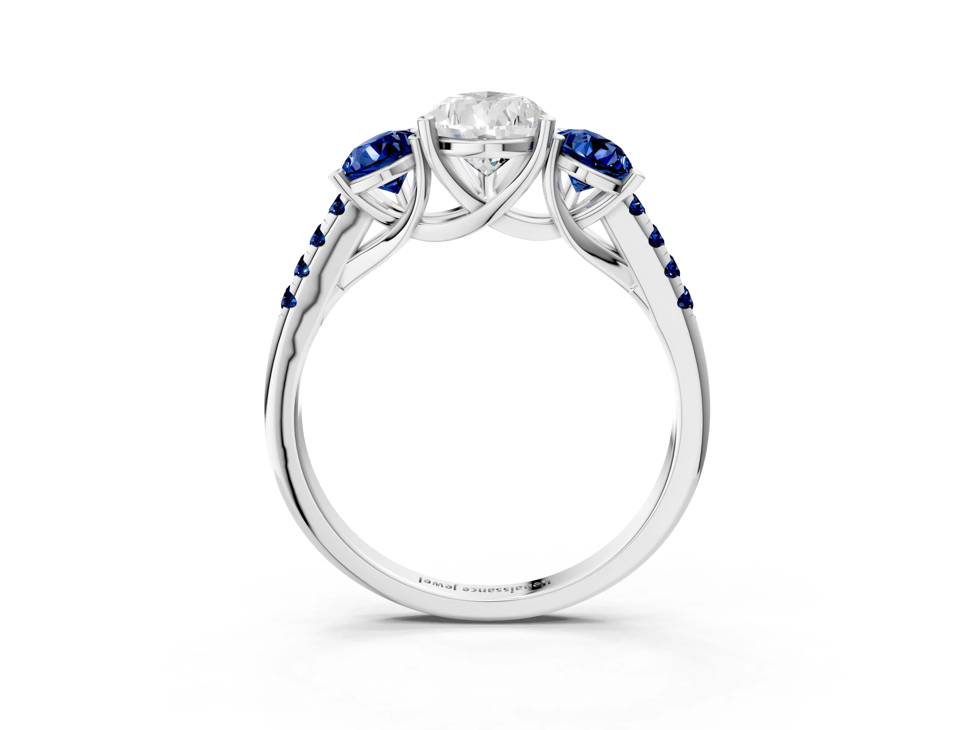 White gold Three-Stone Pear Cut Diamond Ring with Round with Blue Sapphire side stone Pavé Band and Prong Setting_3