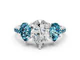 White gold Three-Stone Pear Cut Diamond Ring with Round with Blue Topaz side stone Pavé Band and Prong Setting_12
