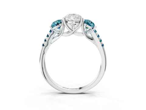 White gold Three-Stone Pear Cut Diamond Ring with Round with Blue Topaz side stone Pavé Band and Prong Setting_3
