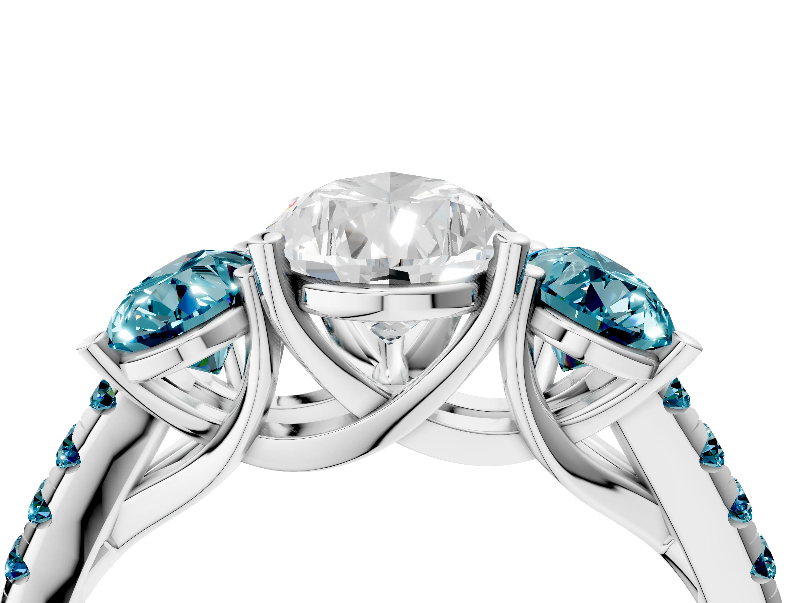 White gold Three-Stone Pear Cut Diamond Ring with Round with Blue Topaz side stone Pavé Band and Prong Setting_4