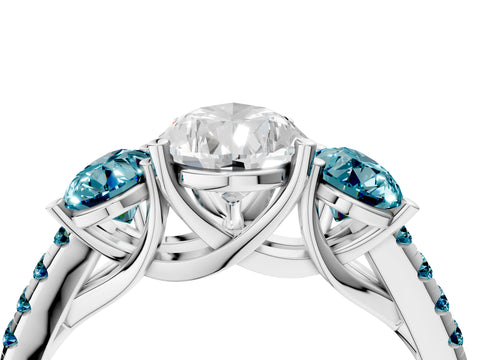 White gold Three-Stone Pear Cut Diamond Ring with Round with Blue Topaz side stone Pavé Band and Prong Setting_4