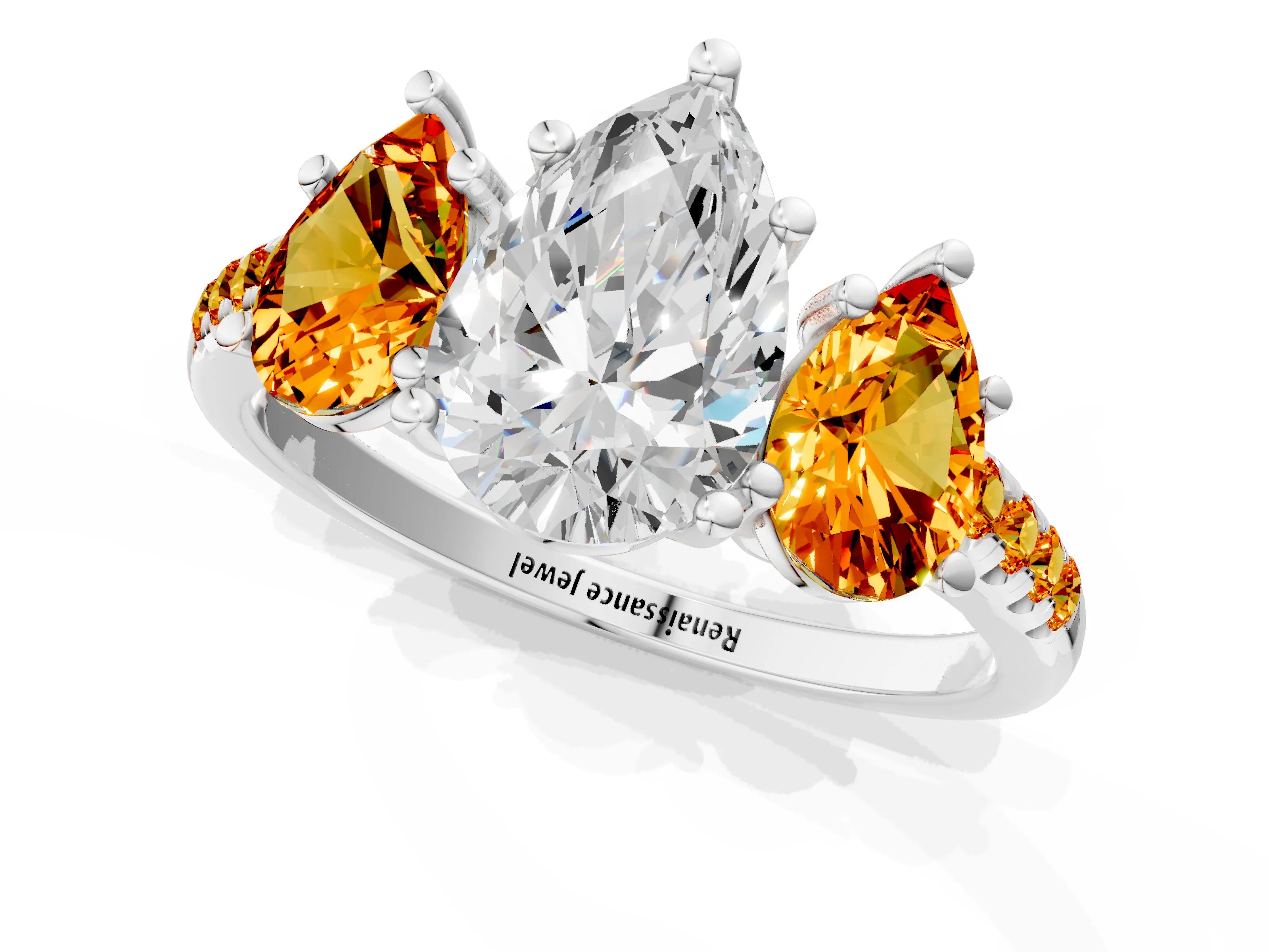 White gold Three-Stone Pear Cut Diamond Ring with Round with Citrine side stone Pavé Band and Prong Setting_1