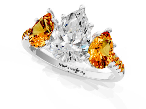 White gold Three-Stone Pear Cut Diamond Ring with Round with Citrine side stone Pavé Band and Prong Setting_1