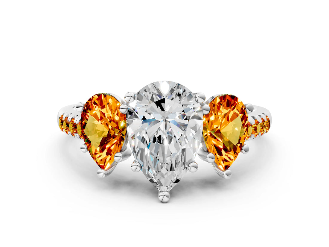 White gold Three-Stone Pear Cut Diamond Ring with Round with Citrine side stone Pavé Band and Prong Setting_24