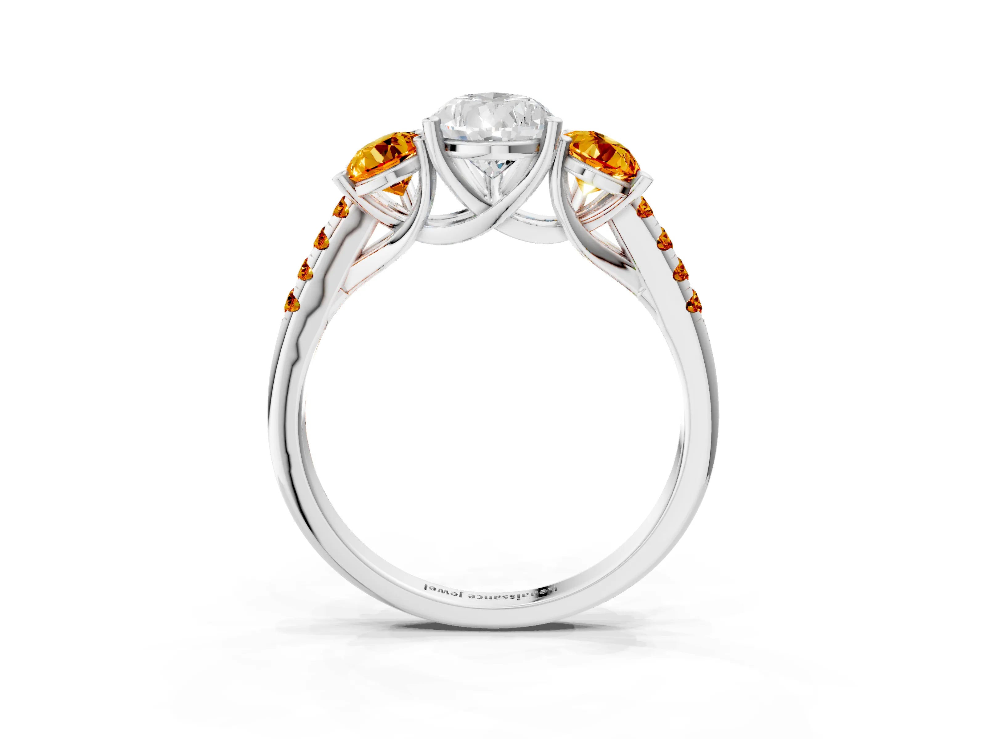 White gold Three-Stone Pear Cut Diamond Ring with Round with Citrine side stone Pavé Band and Prong Setting_3