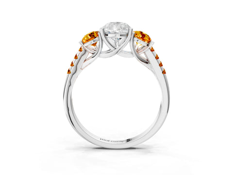 White gold Three-Stone Pear Cut Diamond Ring with Round with Citrine side stone Pavé Band and Prong Setting_3