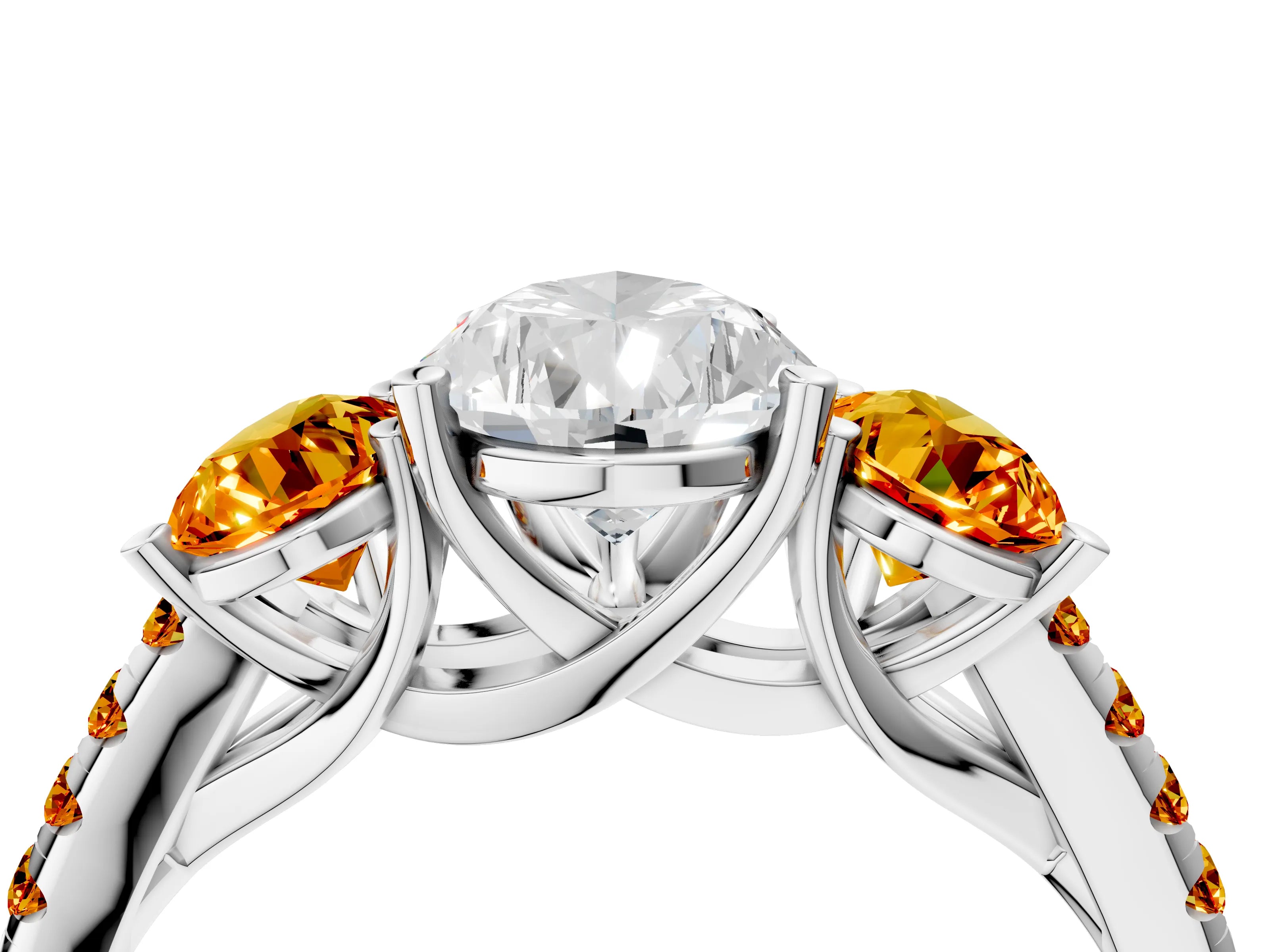 White gold Three-Stone Pear Cut Diamond Ring with Round with Citrine side stone Pavé Band and Prong Setting_4