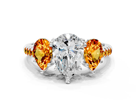 White gold Three-Stone Pear Cut Diamond Ring with Round with Citrine side stone Pavé Band and Prong Setting