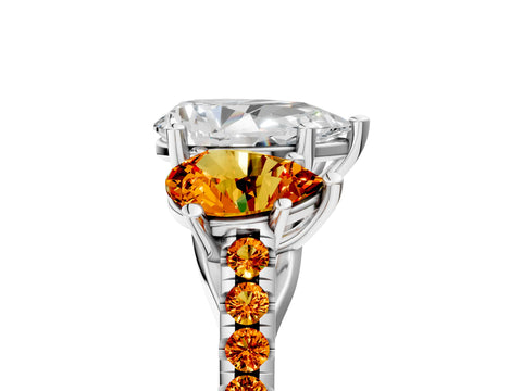 White gold Three-Stone Pear Cut Diamond Ring with Round with Citrine side stone Pavé Band and Prong Setting_5