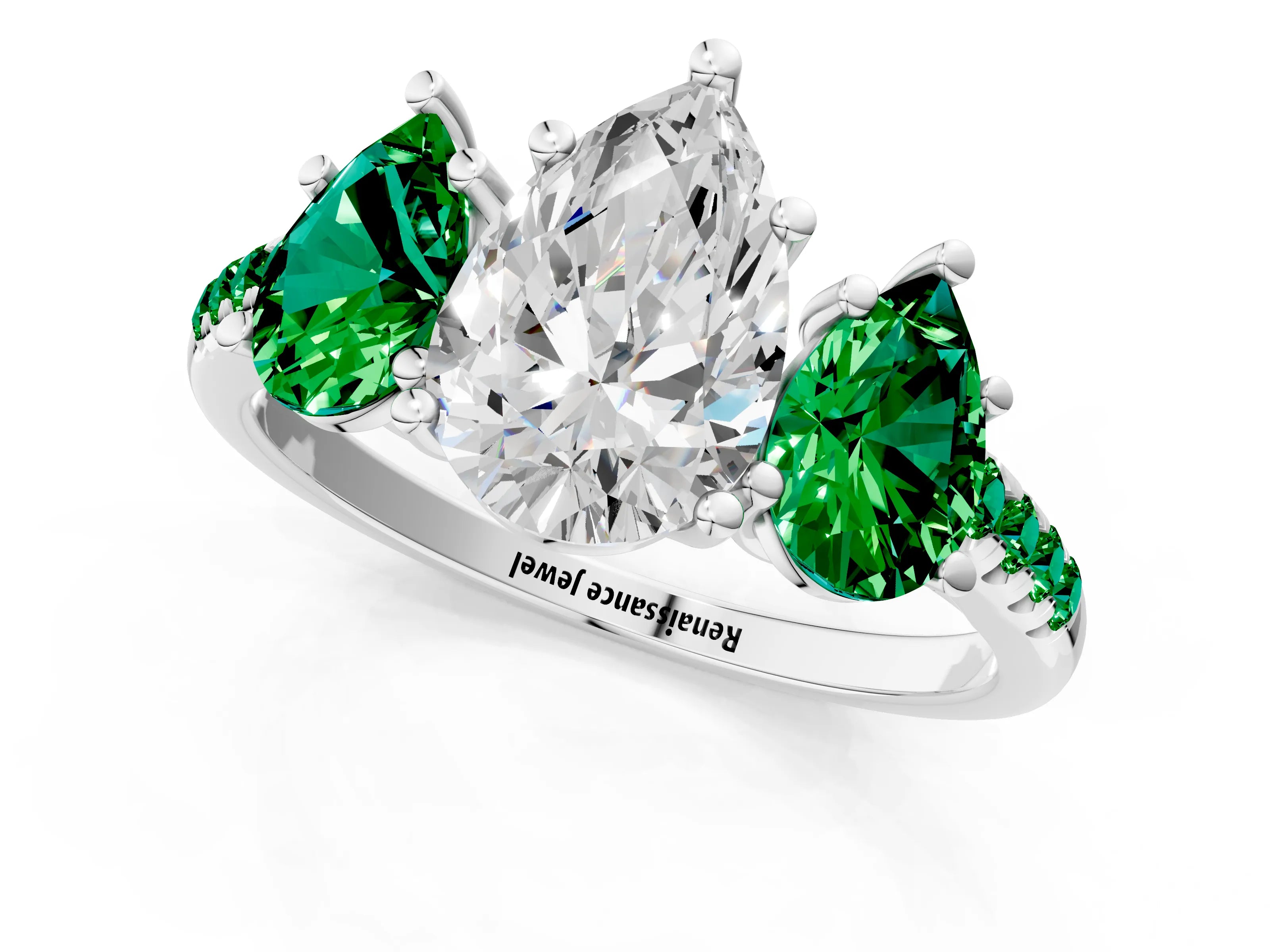 White gold Three-Stone Pear Cut Diamond Ring with Round with Emerald side stone Pavé Band and Prong Setting_1