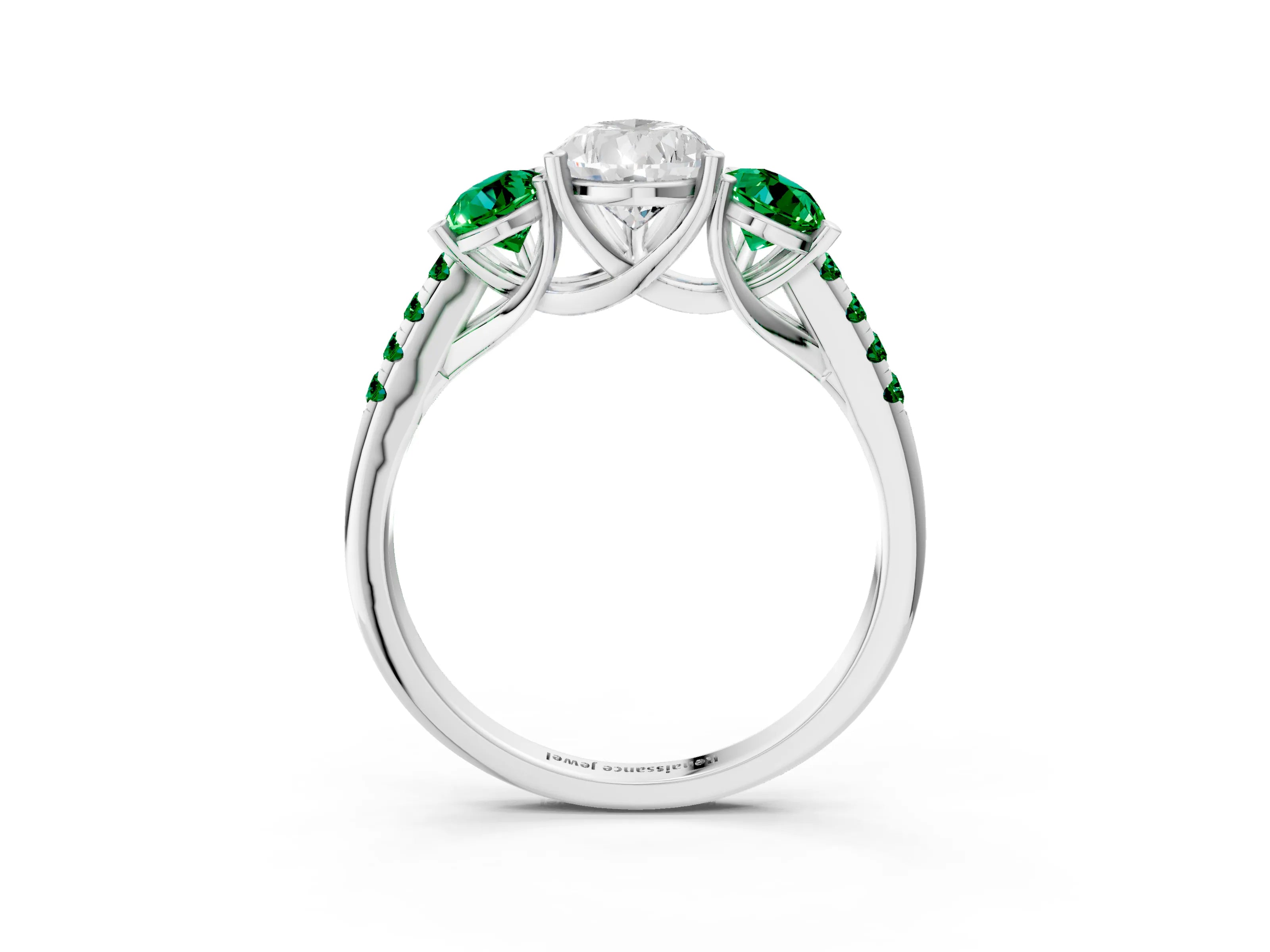 White gold Three-Stone Pear Cut Diamond Ring with Round with Emerald side stone Pavé Band and Prong Setting_3