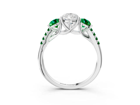 White gold Three-Stone Pear Cut Diamond Ring with Round with Emerald side stone Pavé Band and Prong Setting_3