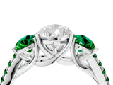 White gold Three-Stone Pear Cut Diamond Ring with Round with Emerald side stone Pavé Band and Prong Setting_4