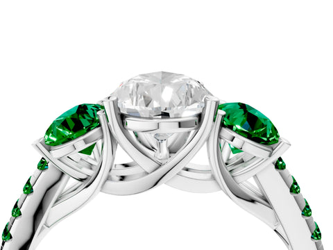 White gold Three-Stone Pear Cut Diamond Ring with Round with Emerald side stone Pavé Band and Prong Setting_4