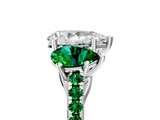 White gold Three-Stone Pear Cut Diamond Ring with Round with Emerald side stone Pavé Band and Prong Setting_5