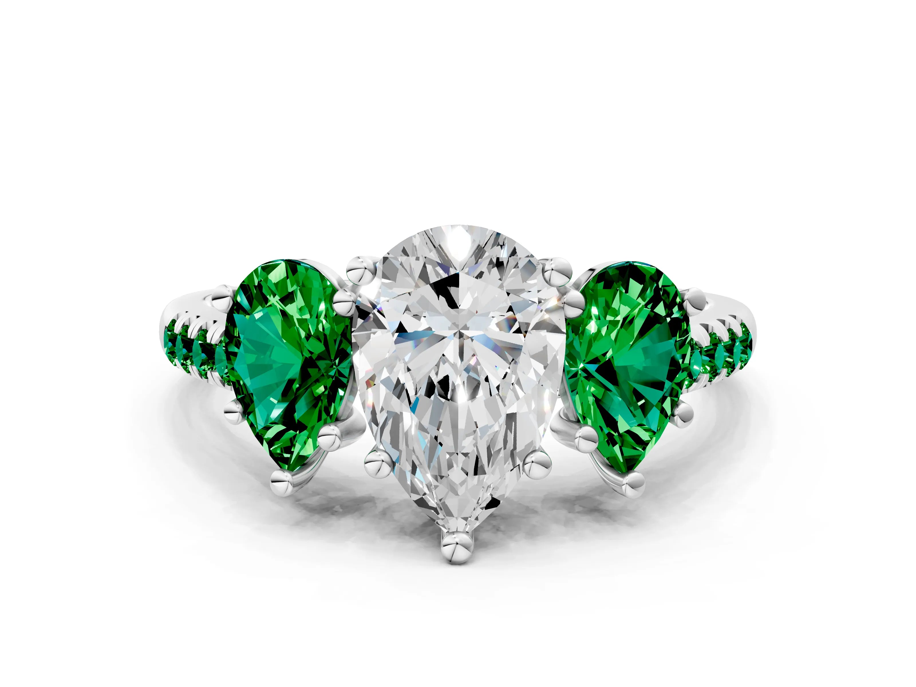 White gold Three-Stone Pear Cut Diamond Ring with Round with Emerald side stone Pavé Band and Prong Setting