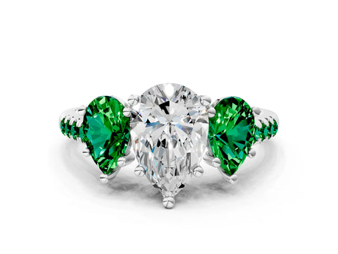 White gold Three-Stone Pear Cut Diamond Ring with Round with Emerald side stone Pavé Band and Prong Setting