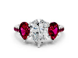 White gold Three-Stone Pear Cut Diamond Ring with Round with Garnet side stone Pavé Band and Prong Setting_12