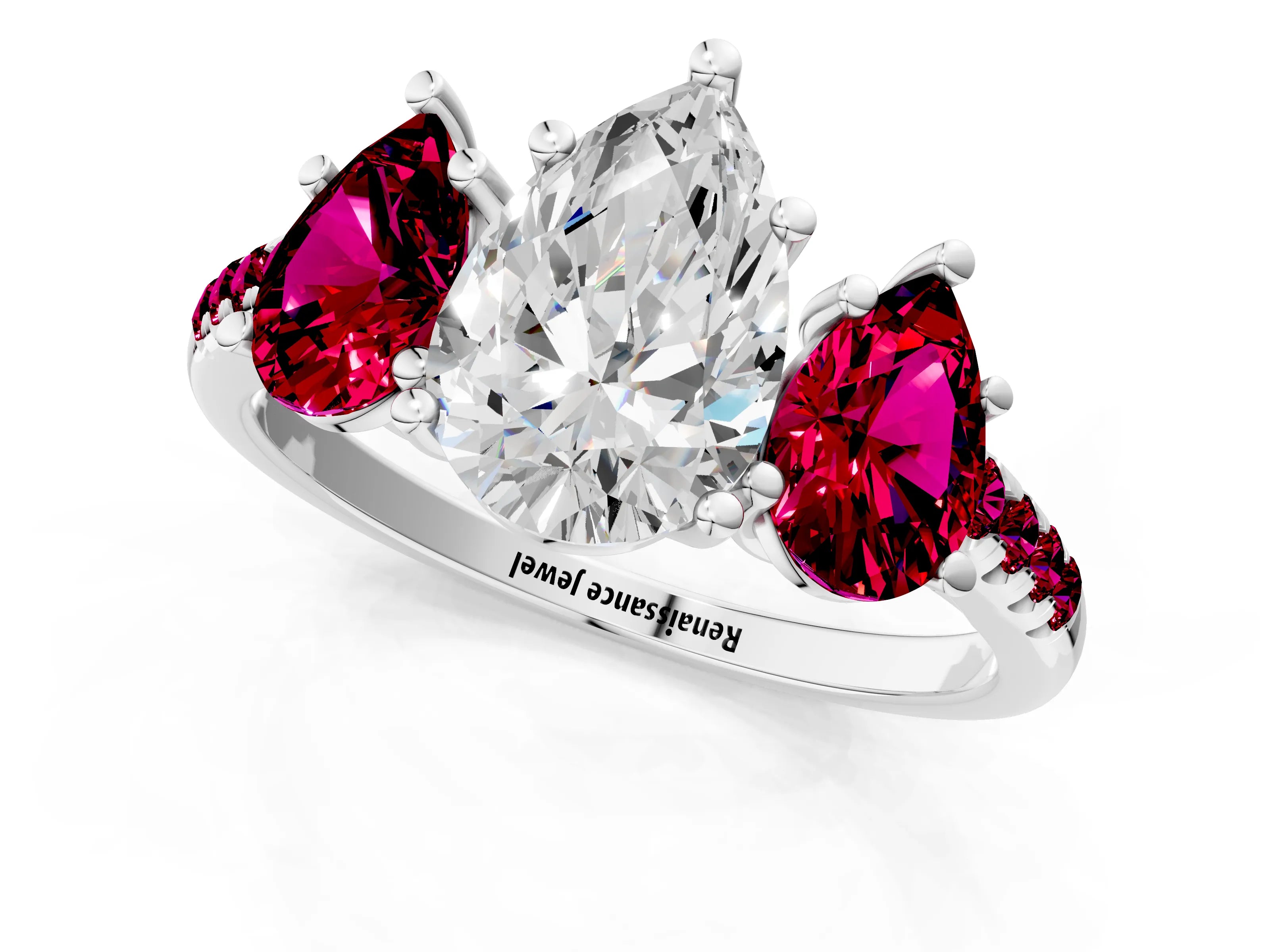 White gold Three-Stone Pear Cut Diamond Ring with Round with Garnet side stone Pavé Band and Prong Setting_1